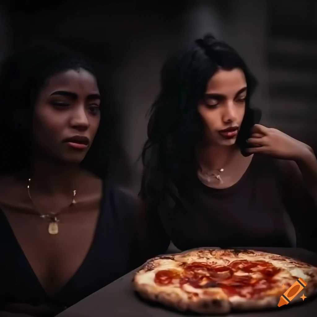 Crowd of people with wavy black hair and Arabic features at an outdoor pizzeria