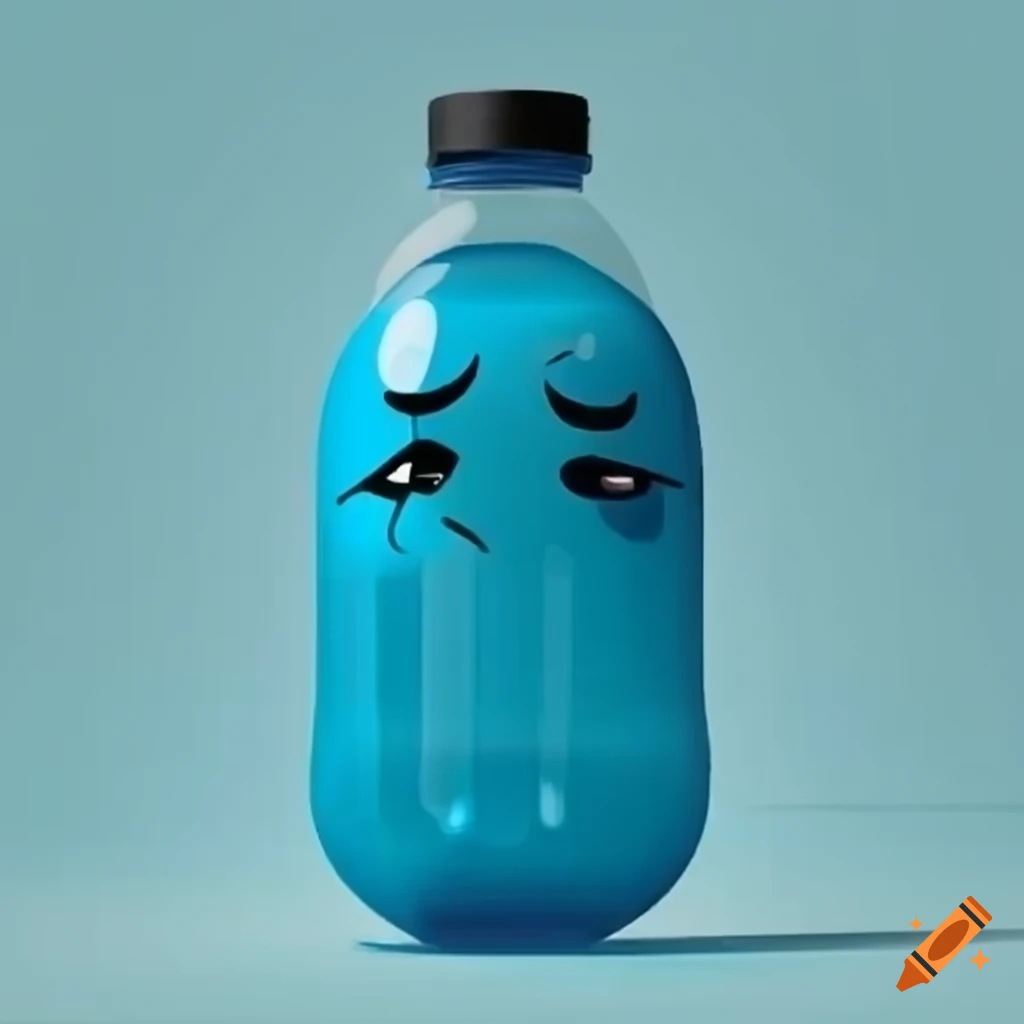 Cartoon plastic blue water bottle with a tired face sweating on Craiyon