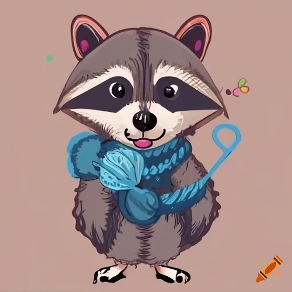 Adorable raccoon knitting a cozy scarf