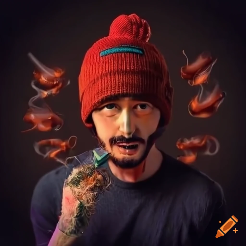 Streamer with beanie smoking weed on Craiyon