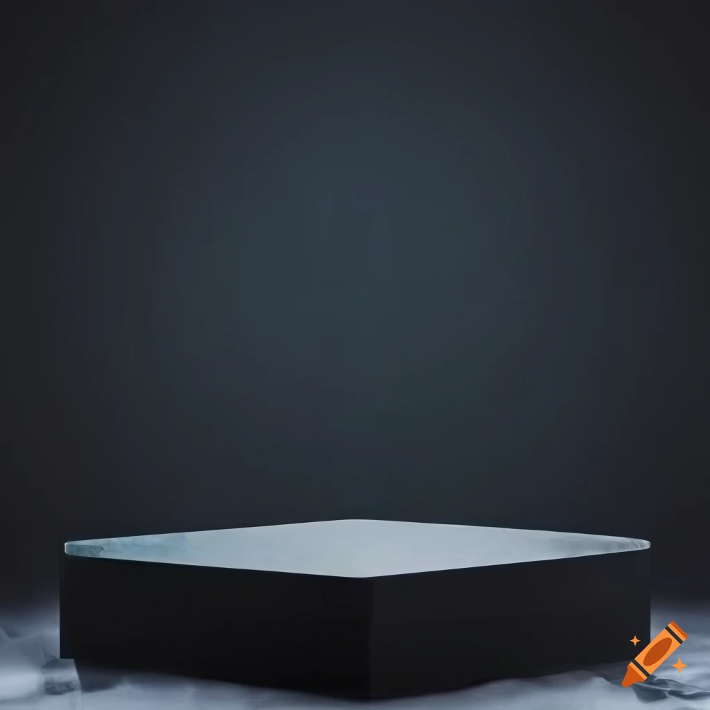 Empty black marble table podium with smoke and dark wood wall