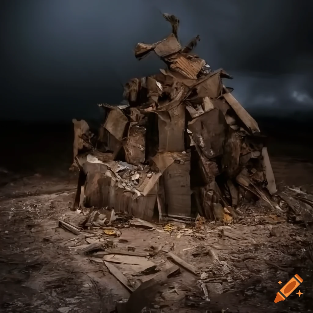 Person trapped in junk garbage pile in a destroyed landscape under stormy sky