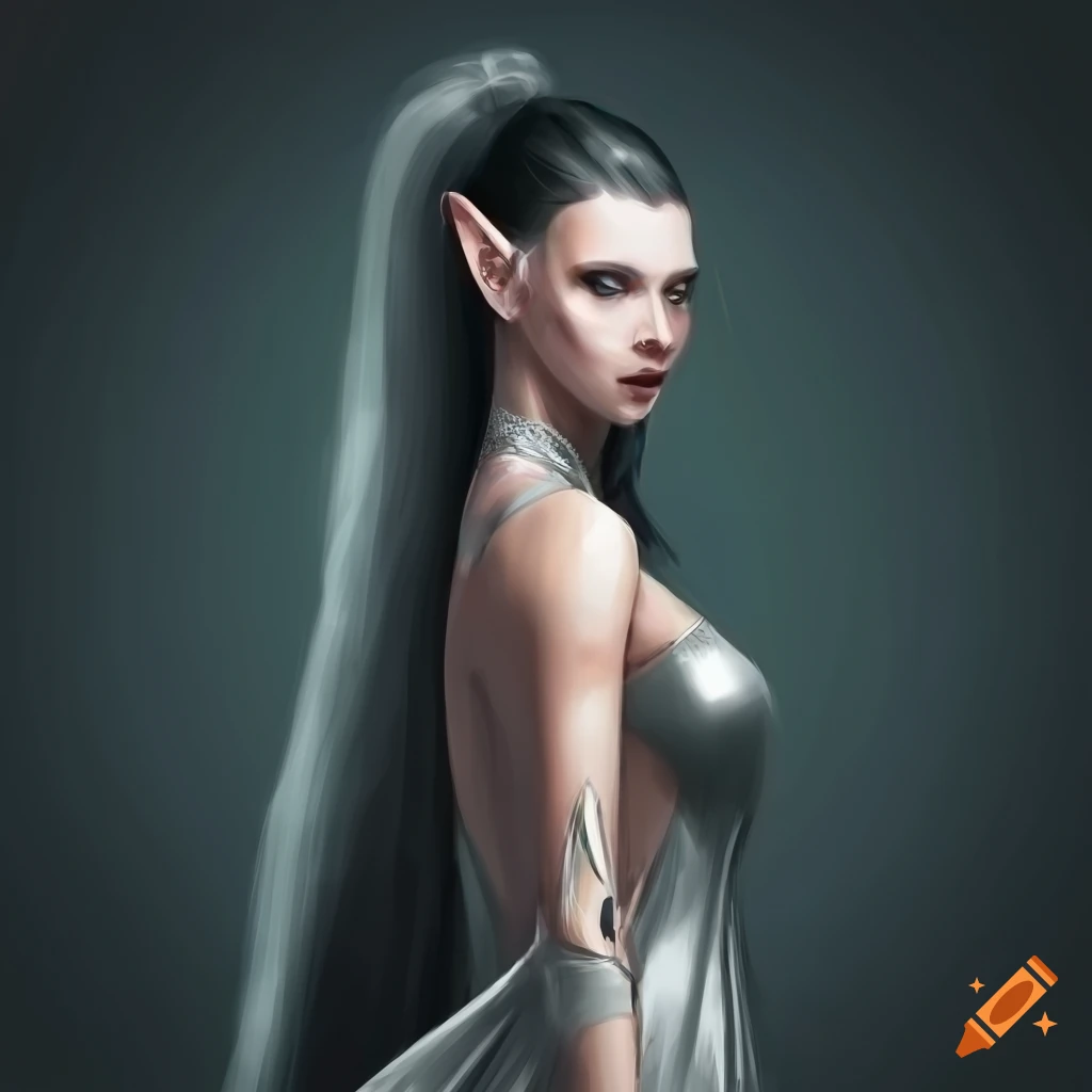 Portrait of an elf woman in a long silver dress with black hair styled ...