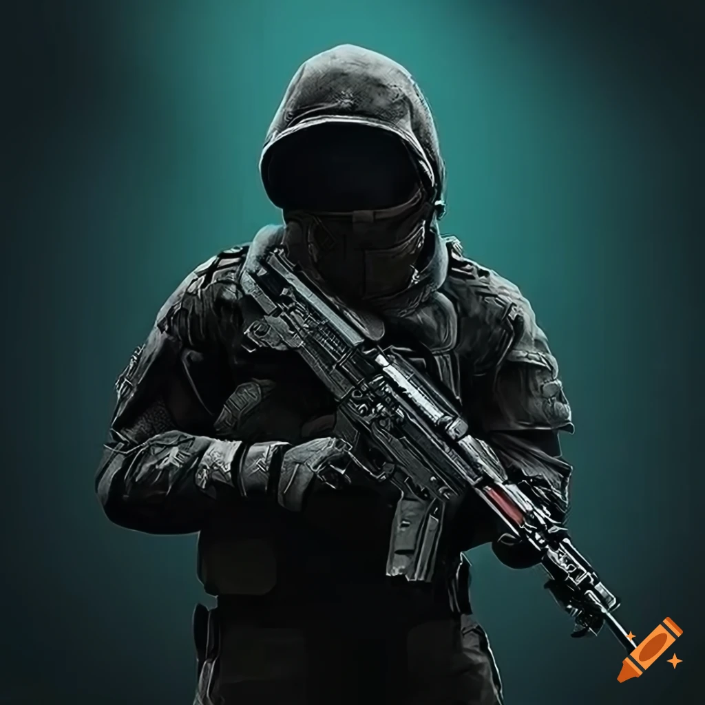 Full body tactical gear in a dark-themed wallpaper with red eyes
