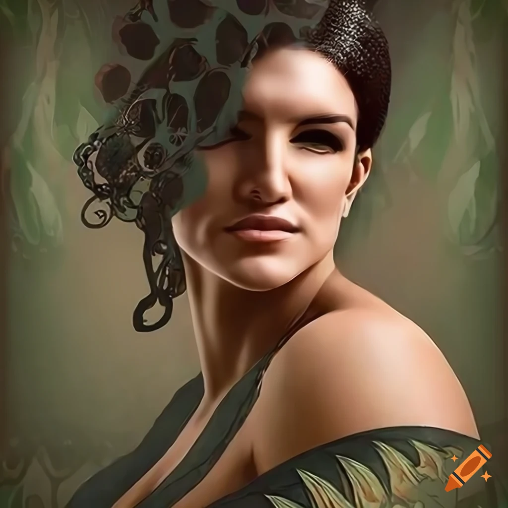 Actress gina carano in an edwardian art nouveau poster style with top