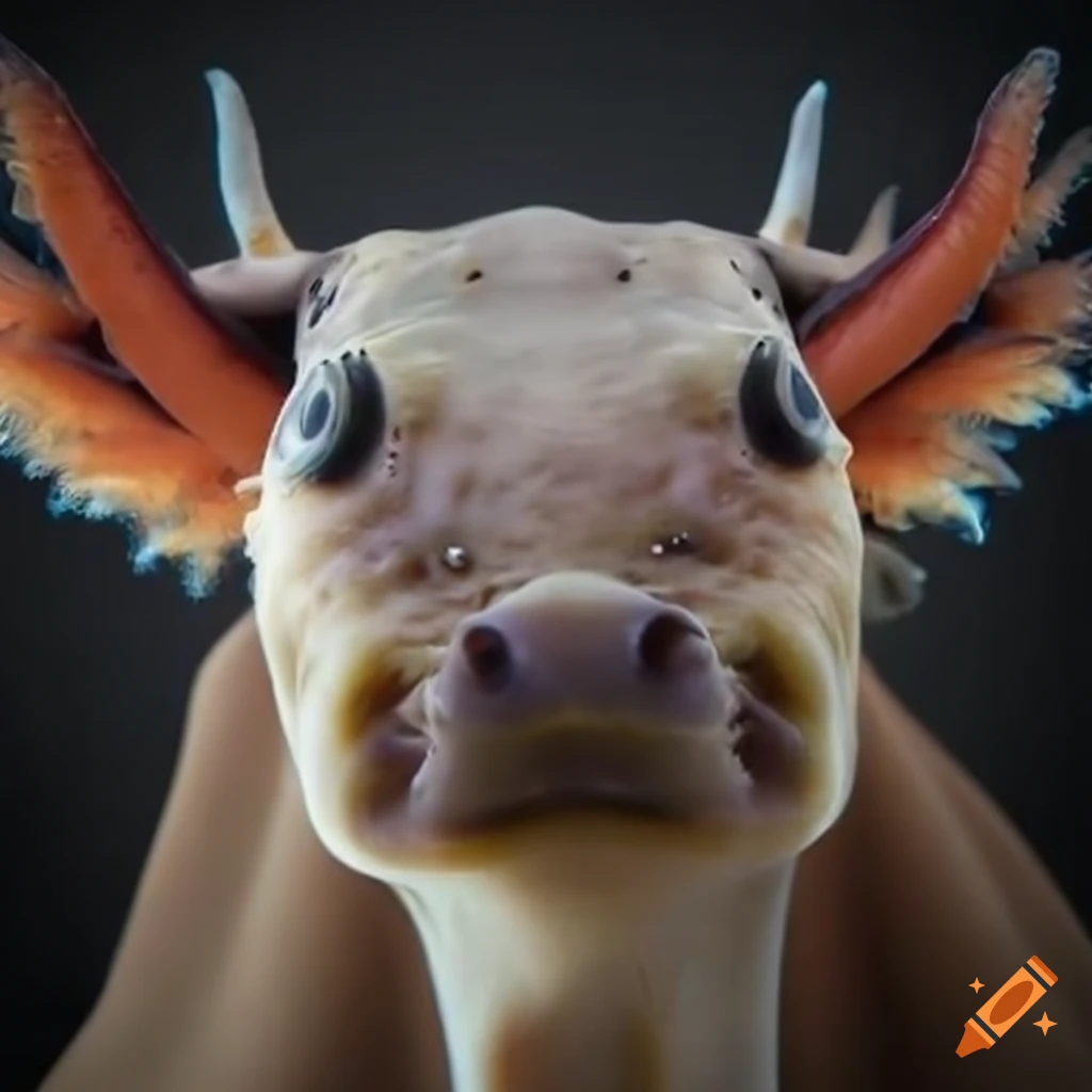 Hybrid cow-axolotyl creature with cow features