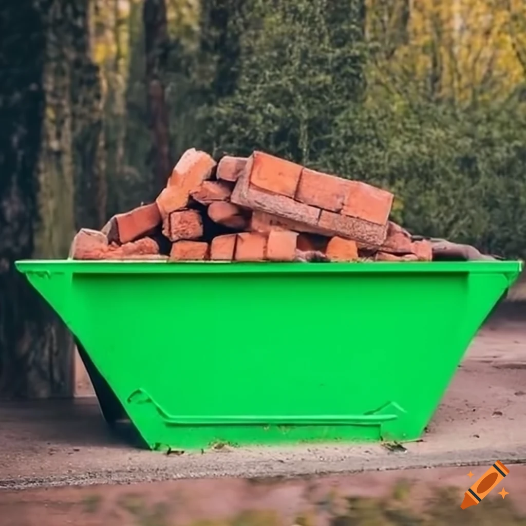 Green skip bin filled with concrete and brick waste on craiyon
