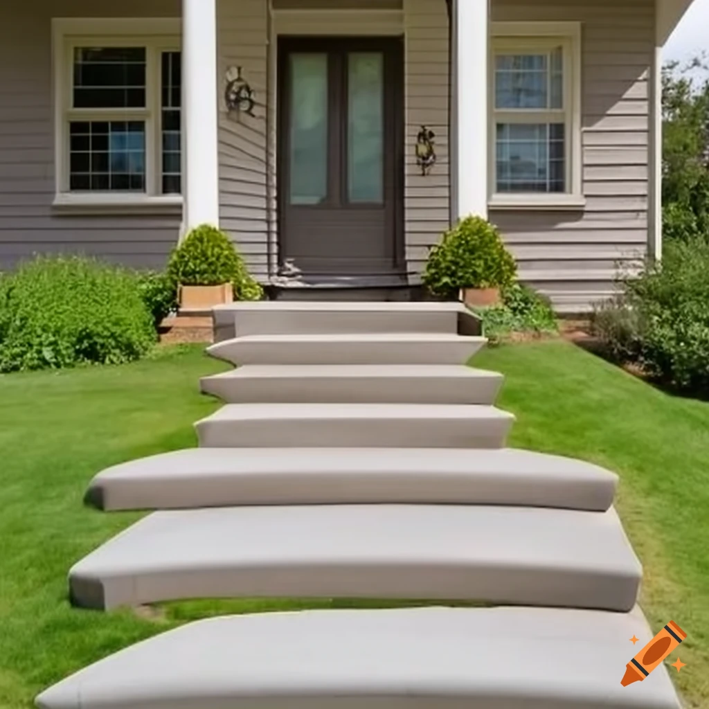 Modern curved concrete steps leading to front door on Craiyon