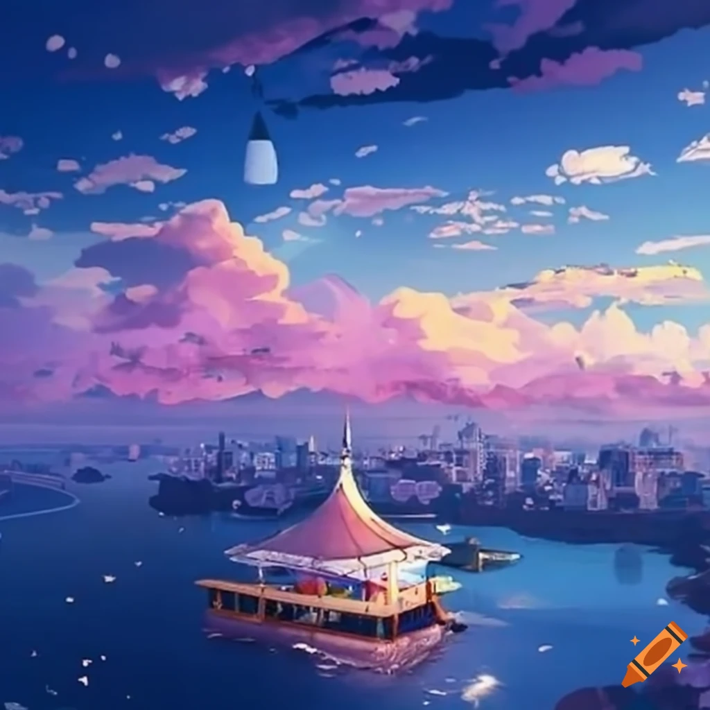 Floating restaurant in a sakura-filled sky