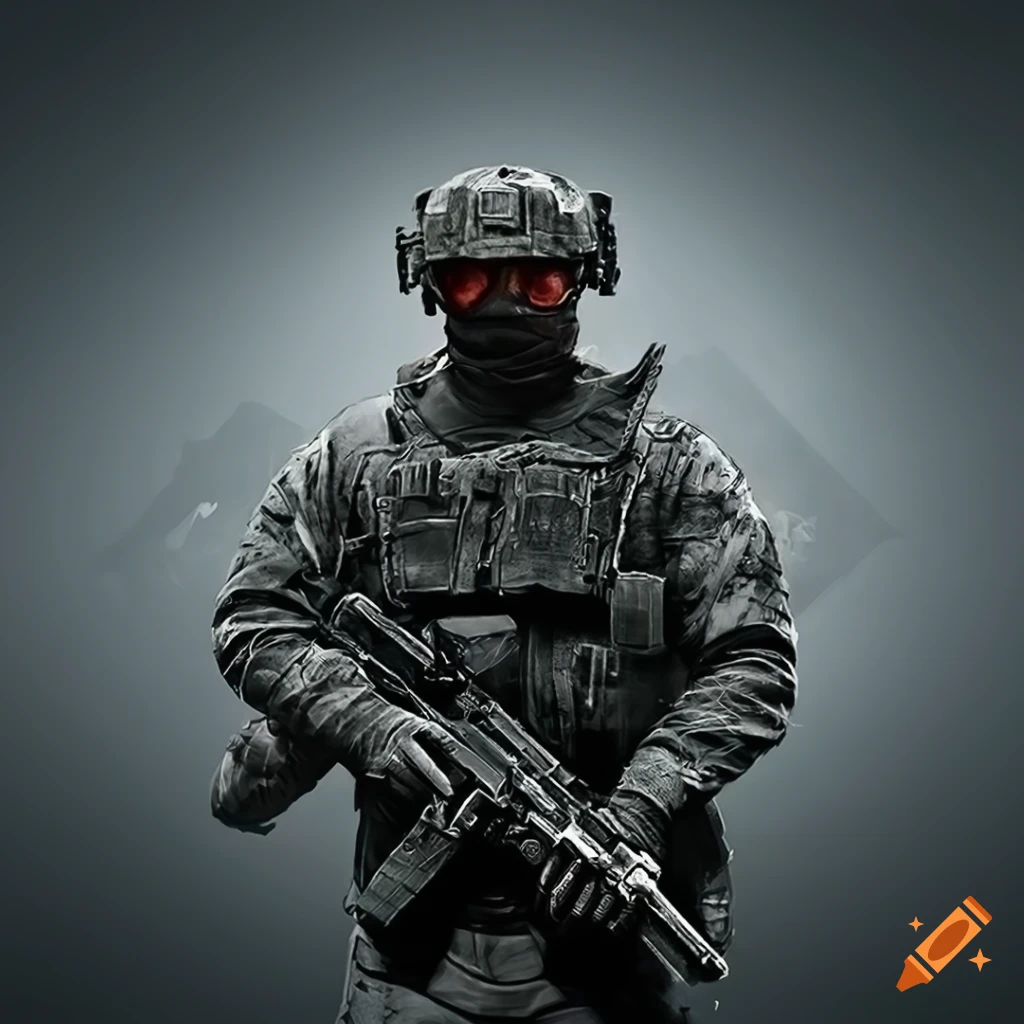 Full body tactical gear in a dark-themed wallpaper with red eyes inspired by Escape from Tarkov and STALKER