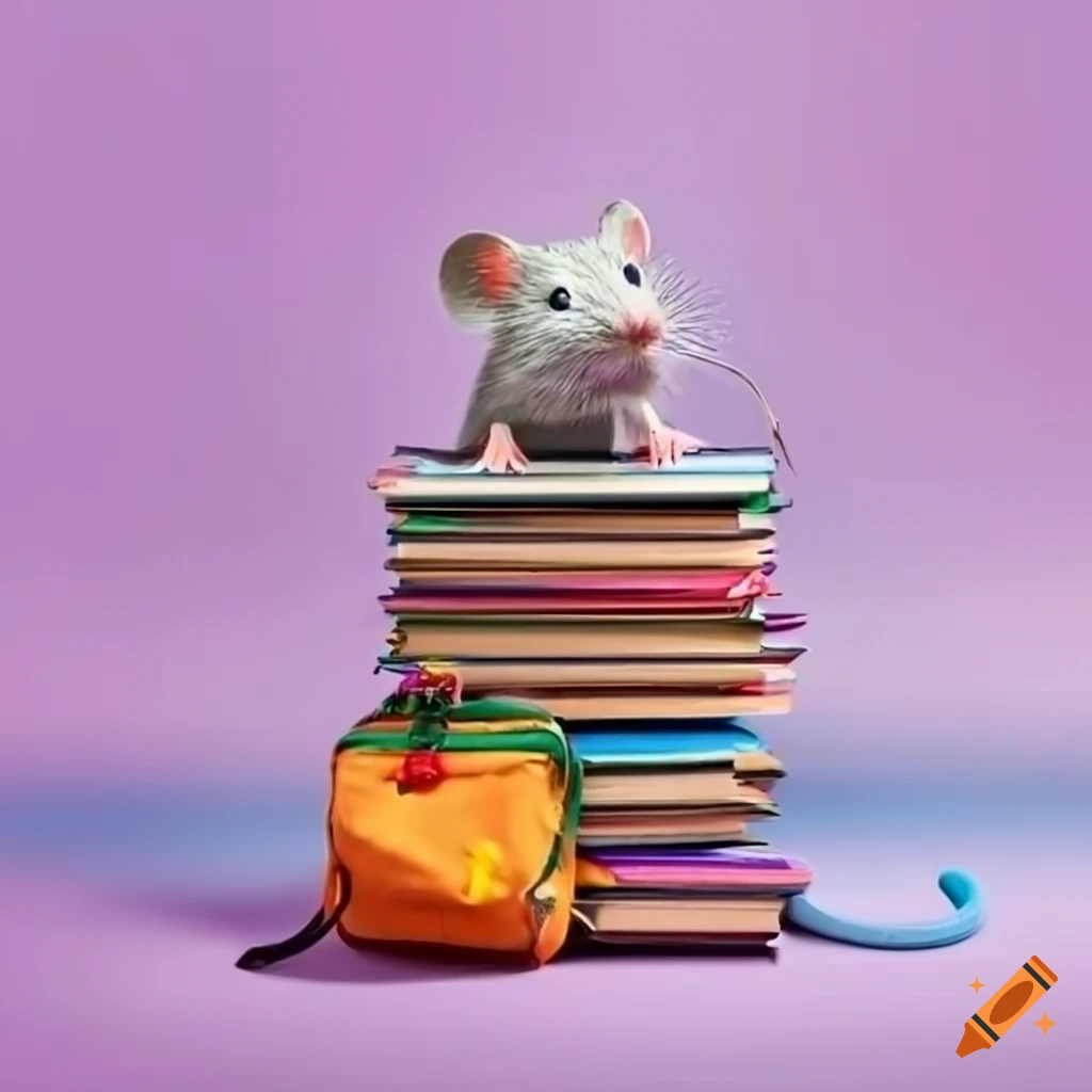 Cute mouse with a schoolbag on books surrounded by pencils and notepads