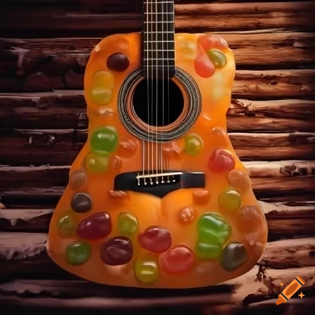 Intricate acoustic guitar made of jellybeans in a cozy log cabin