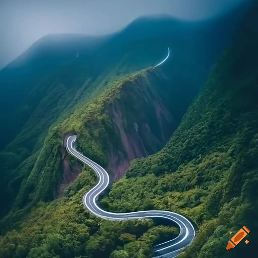 Narrow winding mountain road in Japan with spectacular views