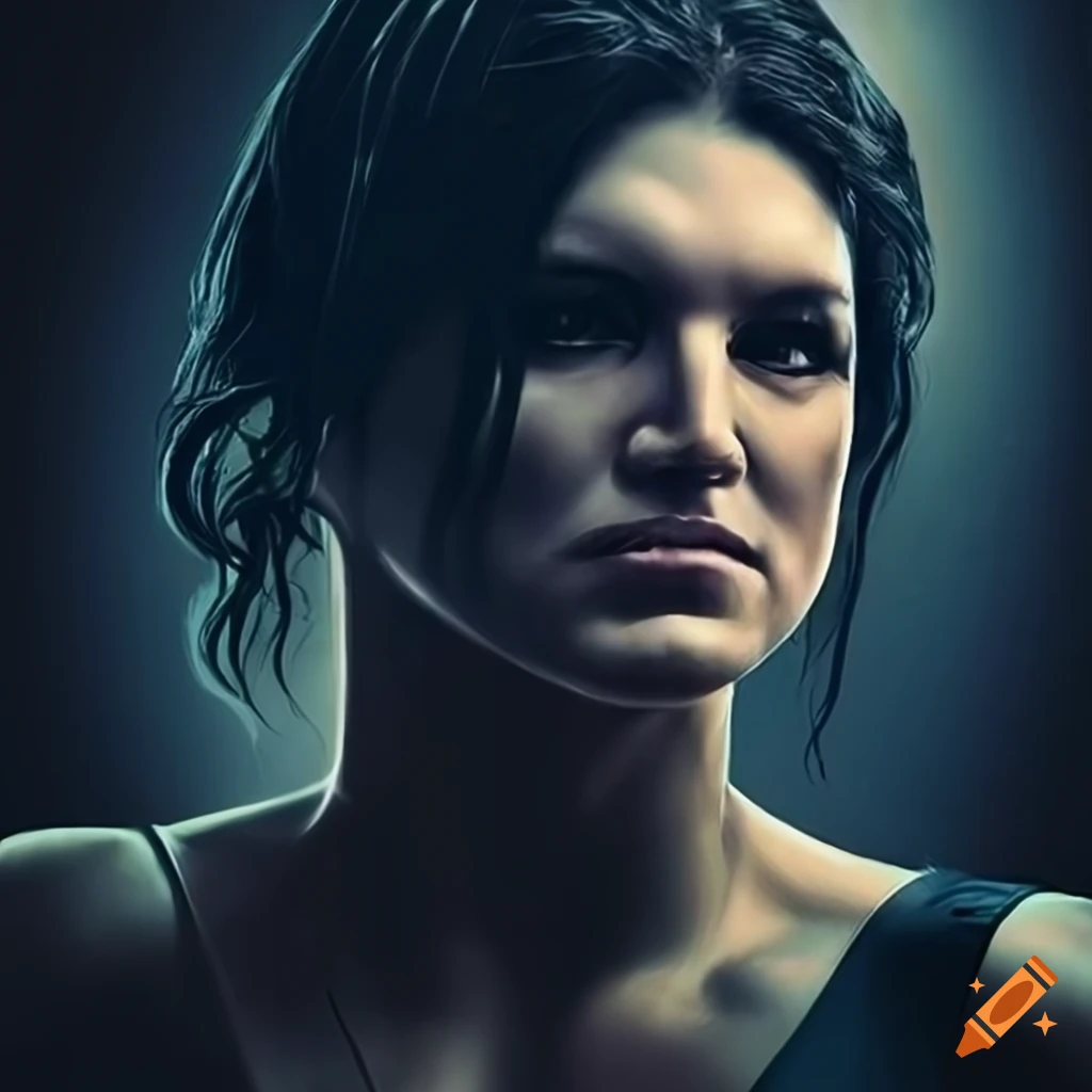 French Art deco style poster of the martial artist Gina Carano with a retro-futuristic design