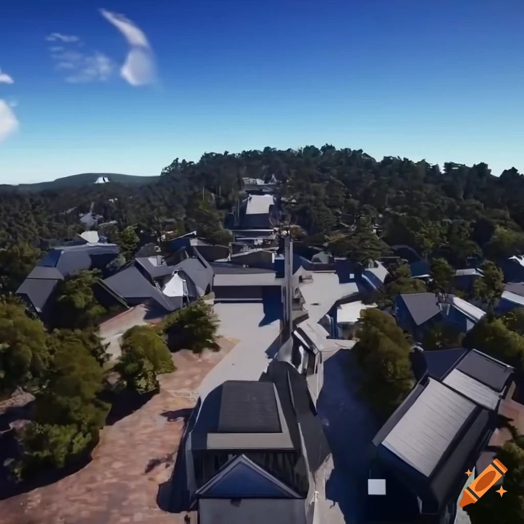 Aerial view of sci-fi Australian town square with white houses and a protestant church