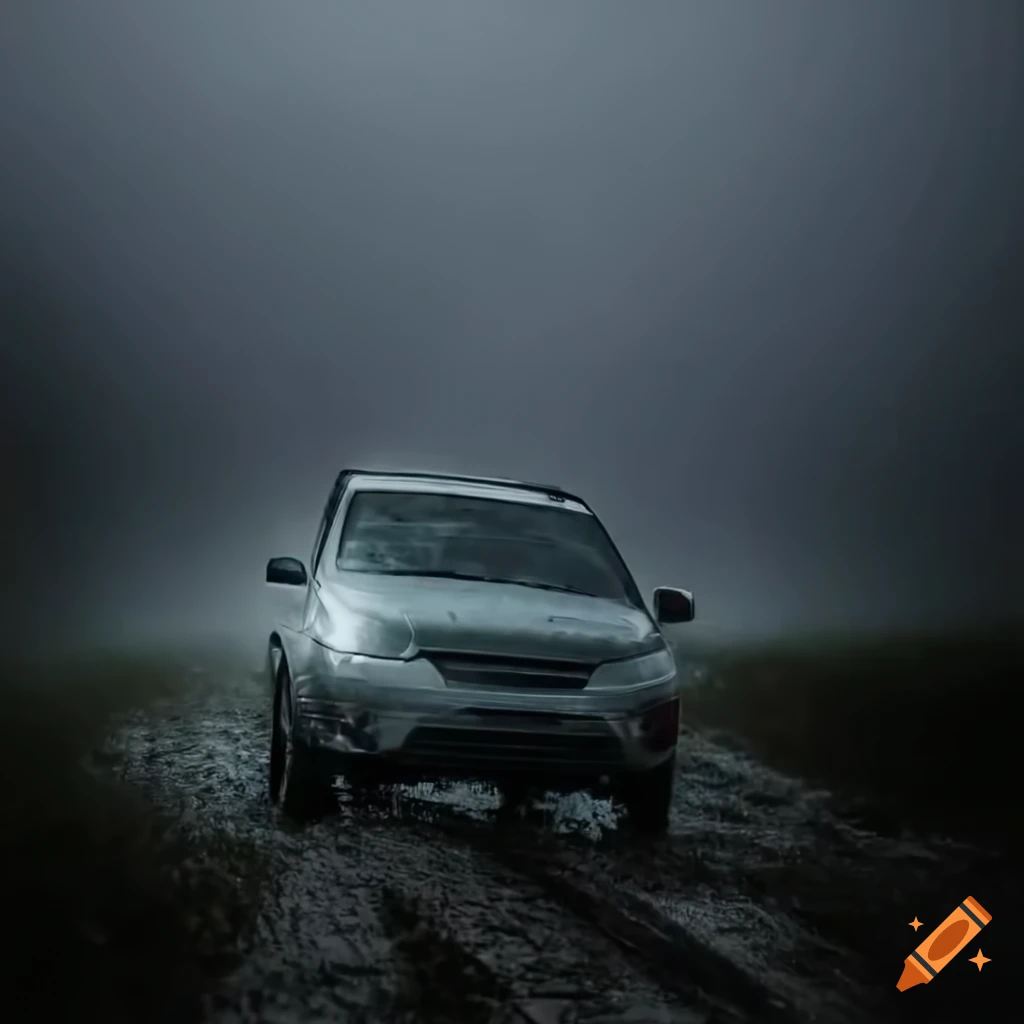 Family car driving through countryside in heavy rain under grey sky