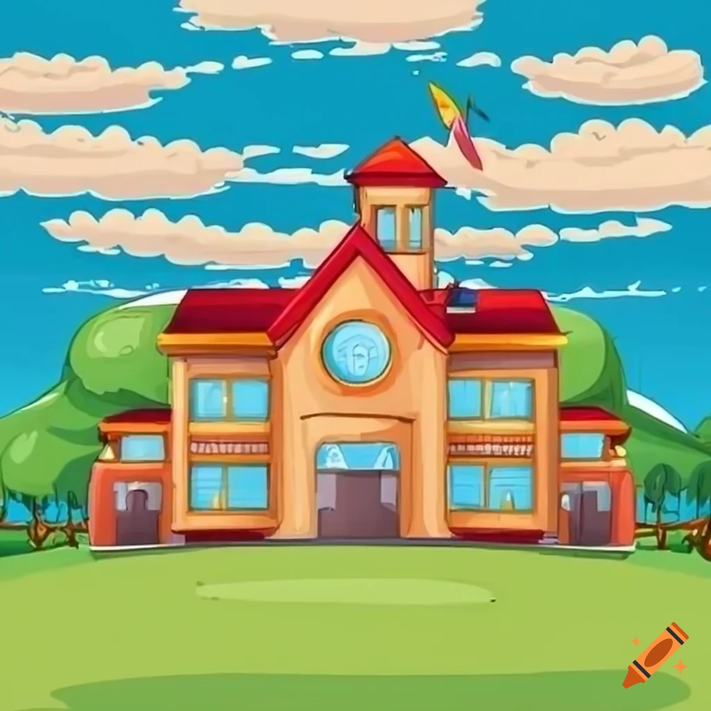Cartoon village school background on craiyon