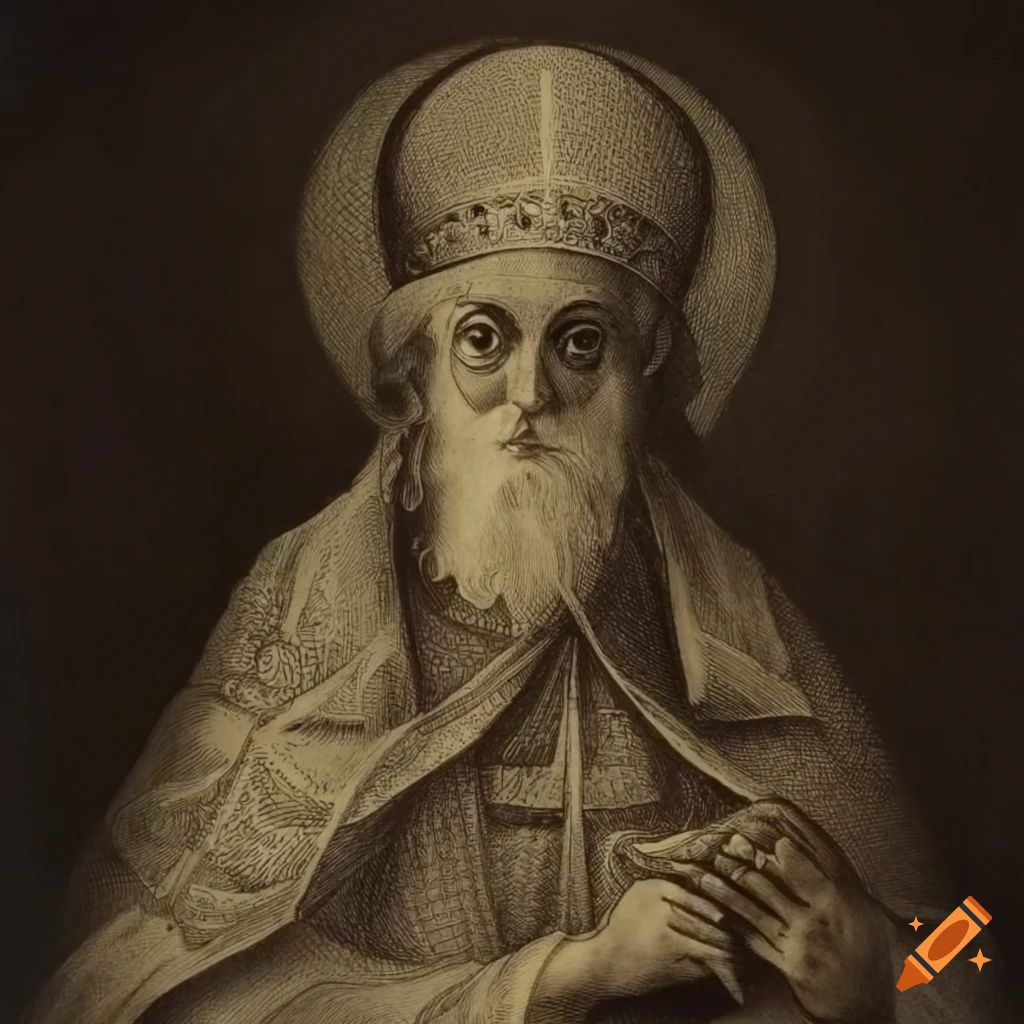 Intricate black and white etching of a priest in religious attire
