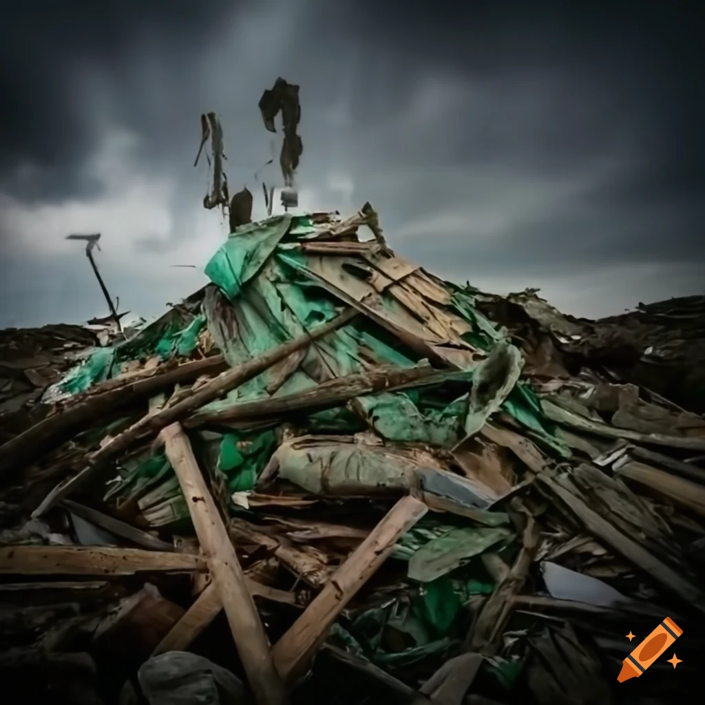 Person surrounded by green garbage in a destroyed landscape under stormy sky