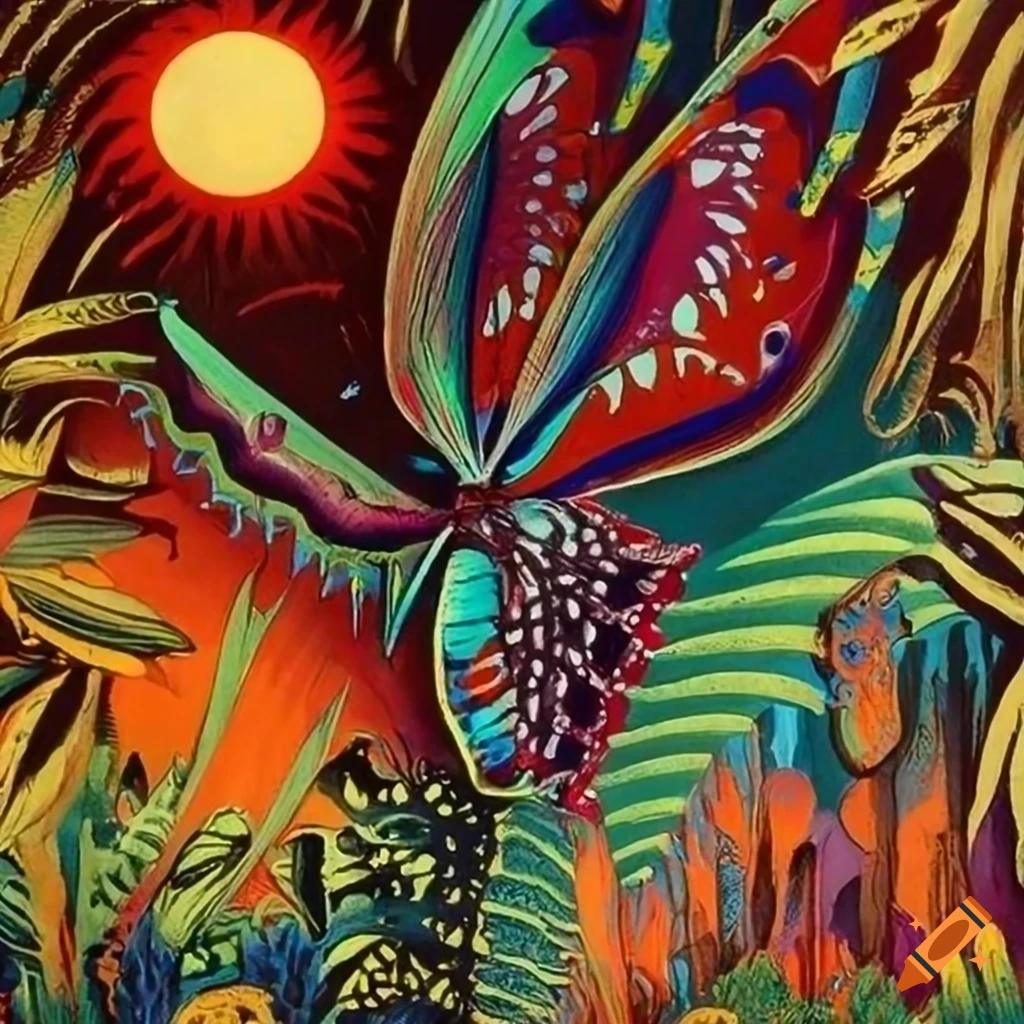 Iron butterfly william stout serigraph portraying a fantastical scene in the garden of eden on