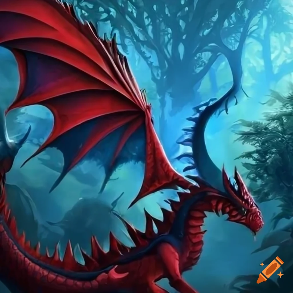 blue-dragon-in-a-forest-with-red-leaves-falling-on-craiyon