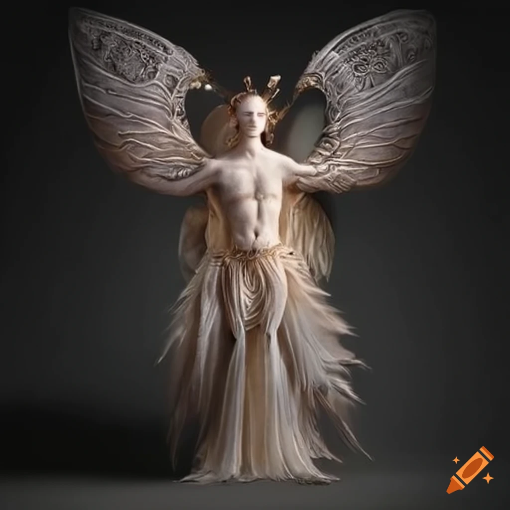 Captivating male air goddess adorned with feathers