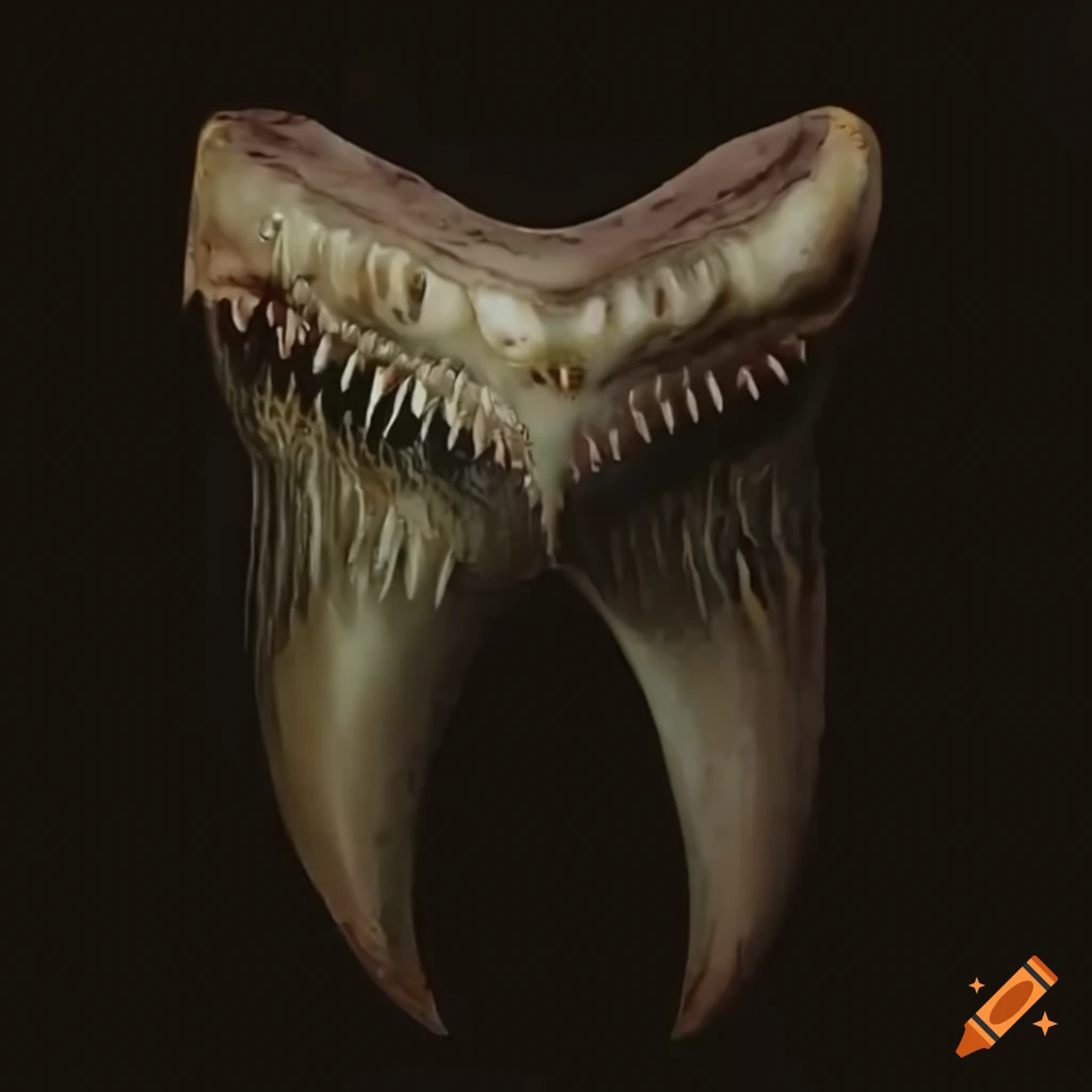 Megalodon teeth autopsy in black metal album cover style at 8k resolution