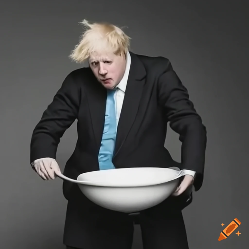 Surreal concept of a spoon lifting Boris Johnson's face into soup