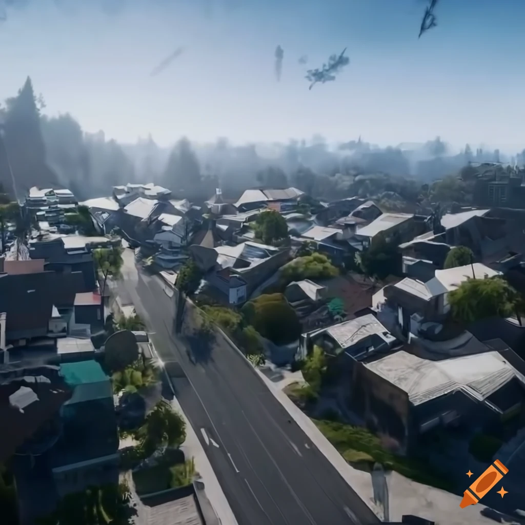 Aerial view of sci-fi Australian town square with white houses and a protestant church