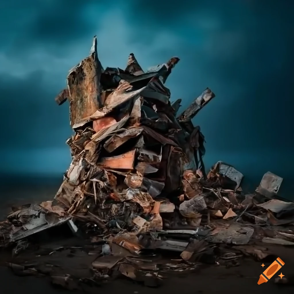 Figure amidst war garbage in a destroyed landscape under a stormy sky