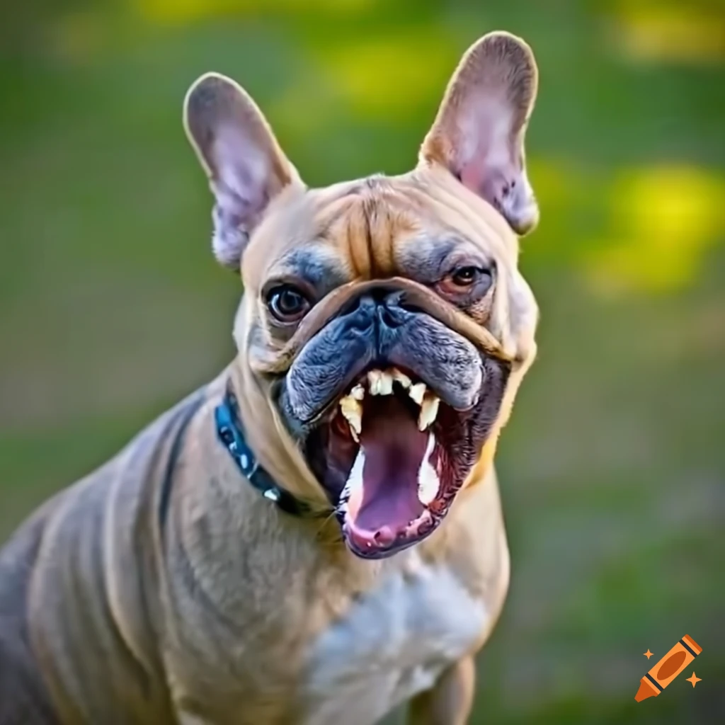 Aggressive french bulldog snarling in a park on Craiyon