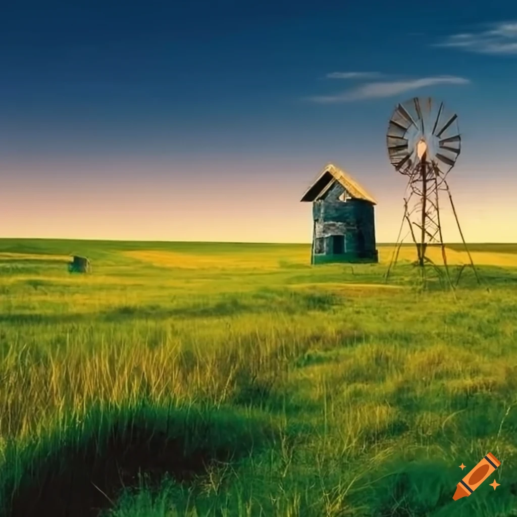 American grassy farm field with windmill