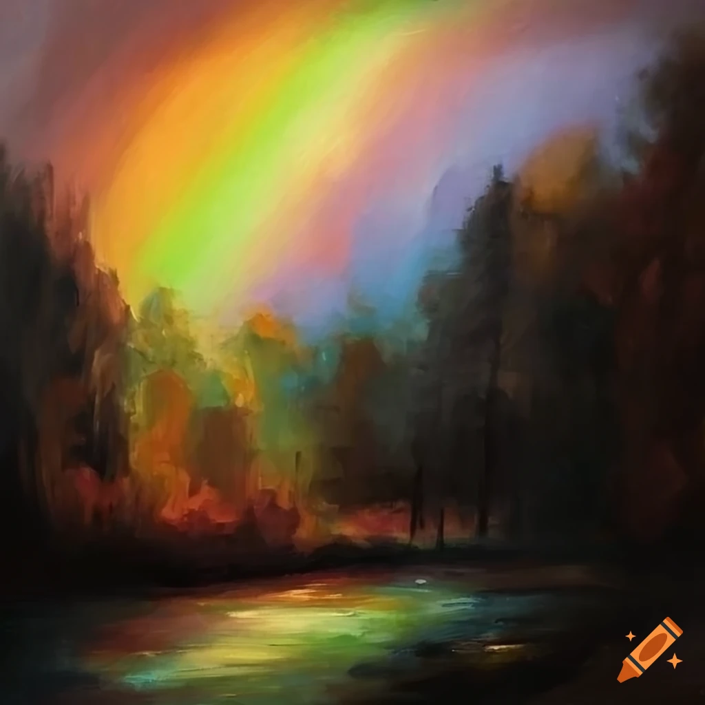 Moody oil painting of a rainbow landscape