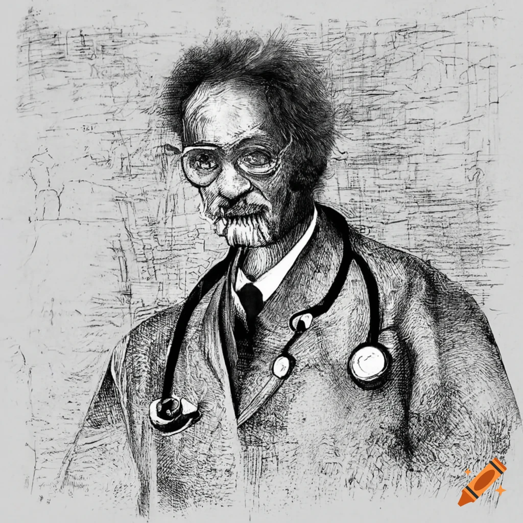 Rough etching black and white portrait of a doctor