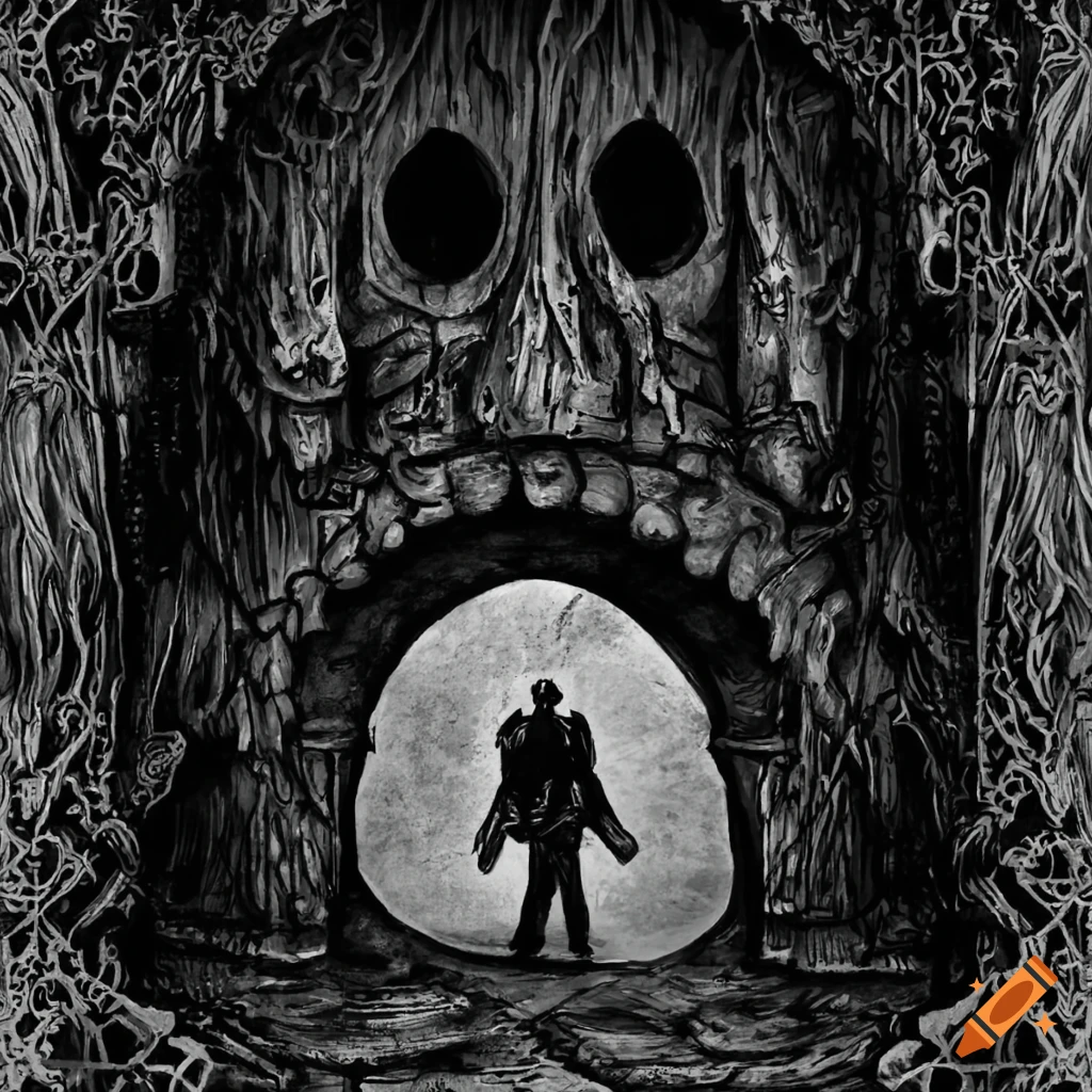 Black and white dungeon entrance with demonic design
