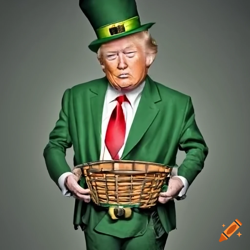 Satirical illustration of a sad leprechaun with an empty basket