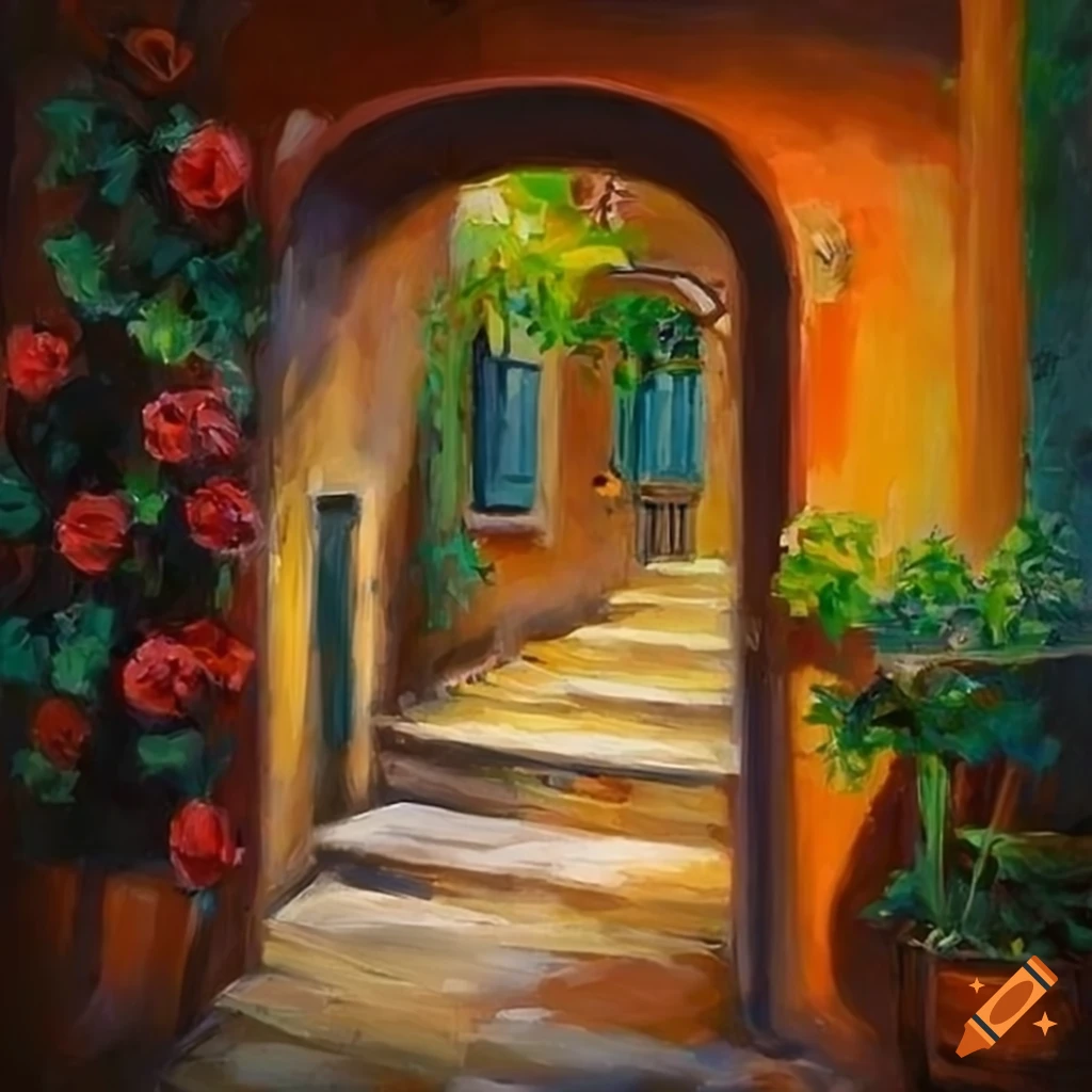 Highdefinition oil painting depicting a small italian house with a