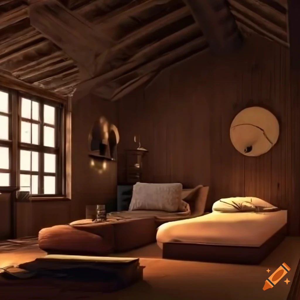 Realistic loft with warm nighttime ambience and spacious interior