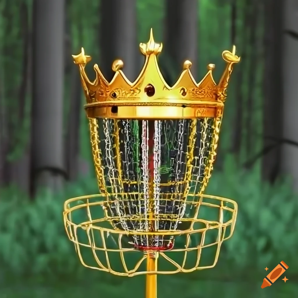 Realistic disc golf basket with a gold crown in nature on Craiyon