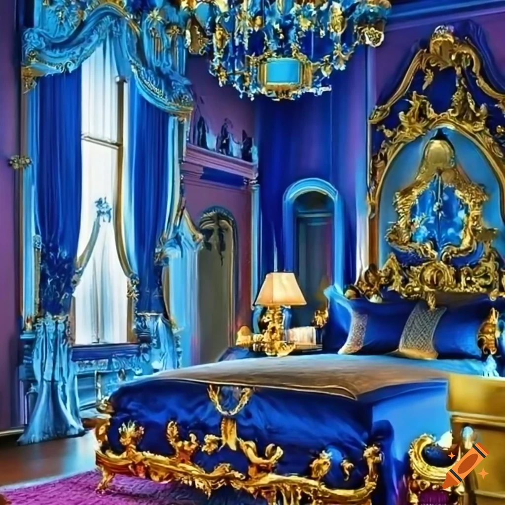 Royal bedroom with bright natural light, royal blue accents, and a