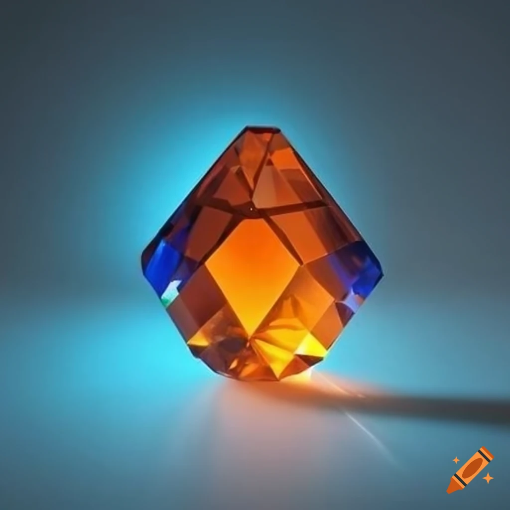 Blue and orange translucent crystal hexagonal prism emitting light on