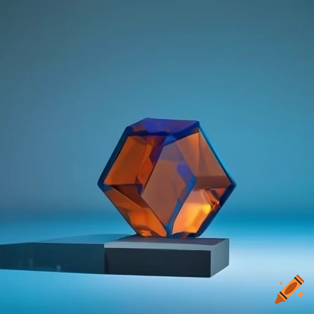 Blue and orange translucent hexagonal crystal structure on a dark grey base