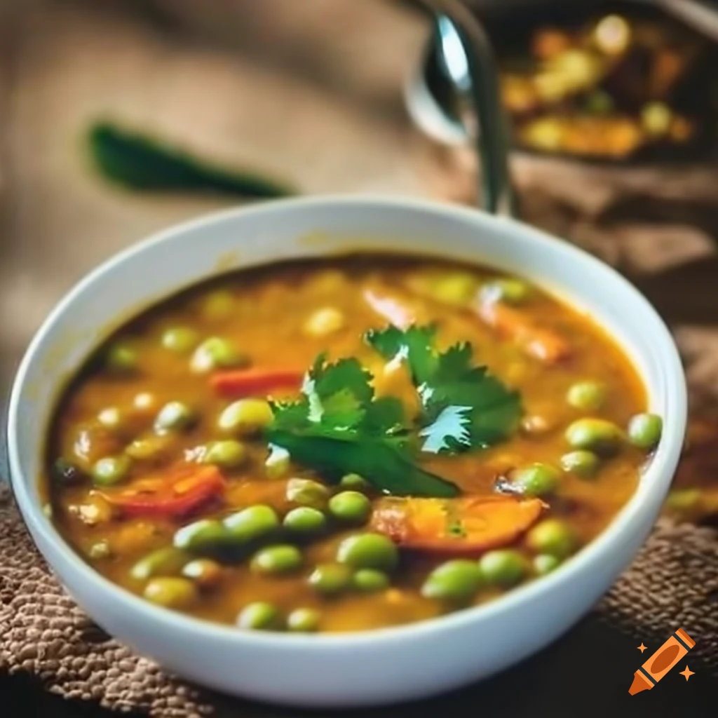 Indian Style Dal Tadka with green peas, coriander topping, and fried red chili