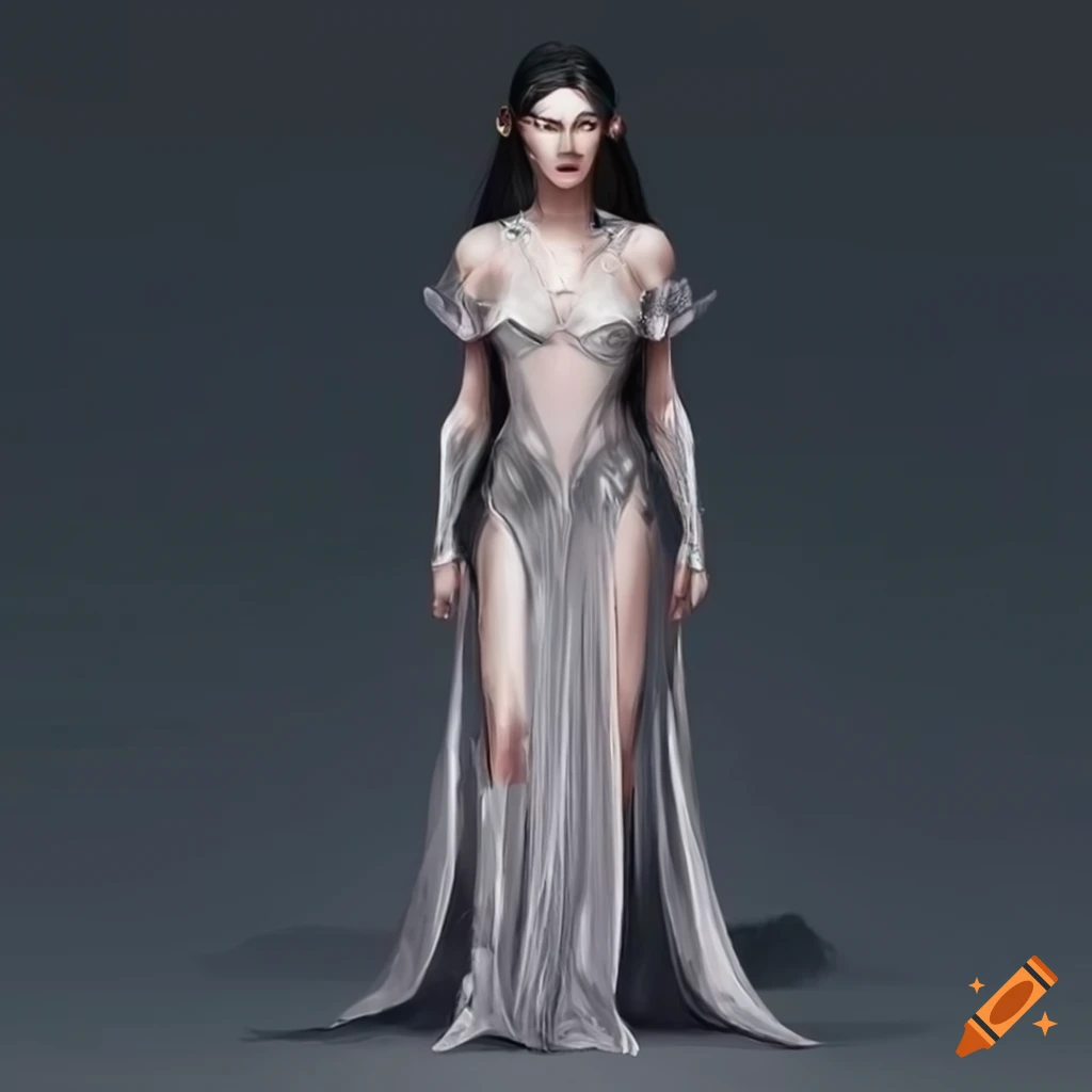 Elf woman in silver dress with black hair styled in a ponytail on Craiyon