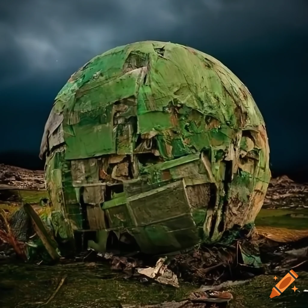 Person trapped in green junk garbage in a destroyed landscape under stormy bright sky