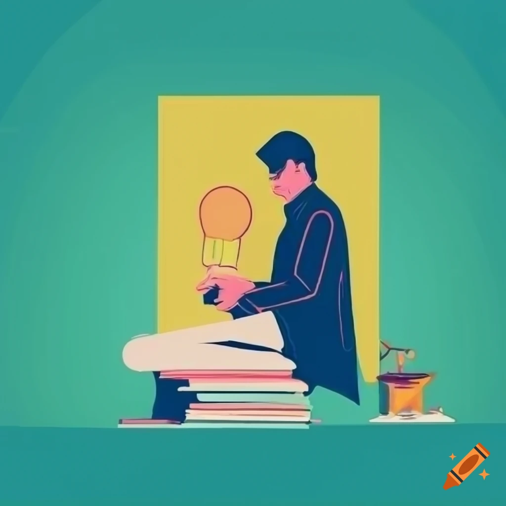 Retro illustration of a man with knowledge archetype among books and a light bulb in minimalistic design