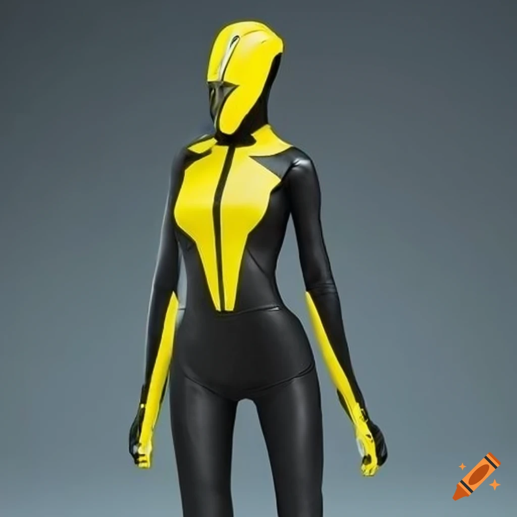 Female superhero in black bodysuit with yellow accents on Craiyon