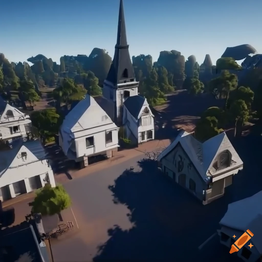 Aerial view of Sci-Fi Australian town square with white houses, church, taiga forest, and blue sky
