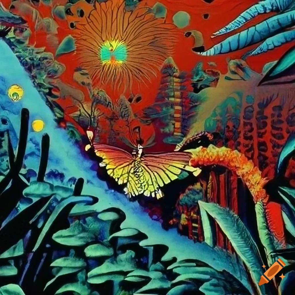 Iron butterfly serigraph of dusk in the garden of eden on Craiyon