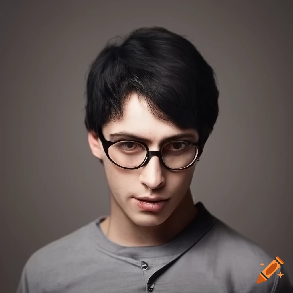 Man with black hair, stubble, glasses, and gray shirt